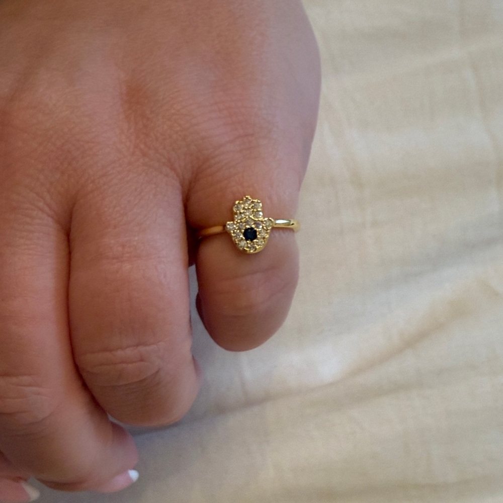 Gold Hamsa Ring with Blue Center Stone